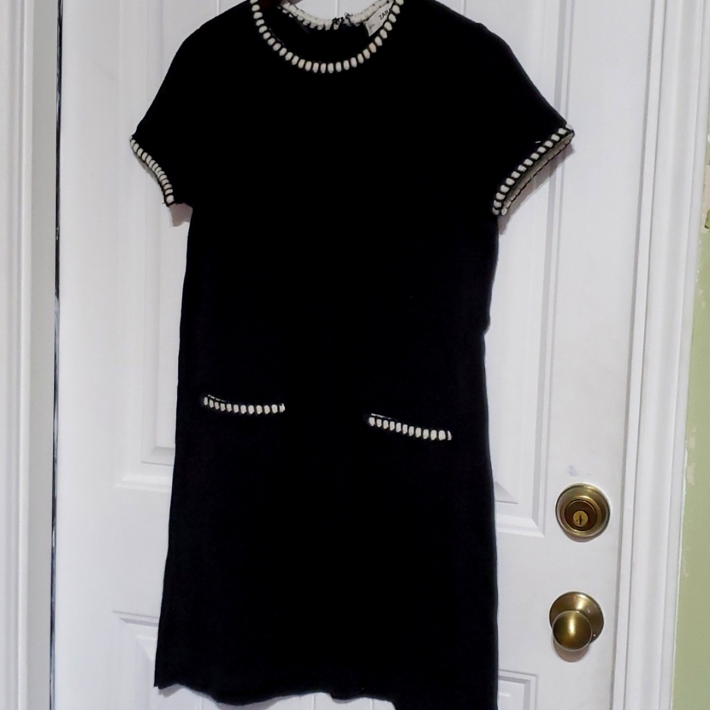 Zara Black Midi Dress with White Trim